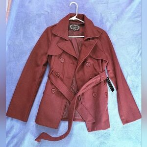 Women's Double-Breasted Maroon Belted Coat Size L NWT